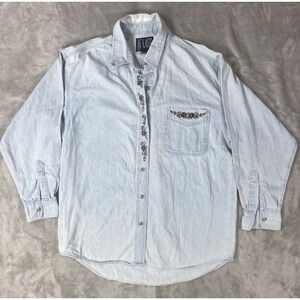 Vtg At Last & Co Shirt Women Medium Embroidered Denim Fall Shirt Cottage Country